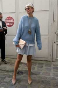 Lady in sky blue outfit