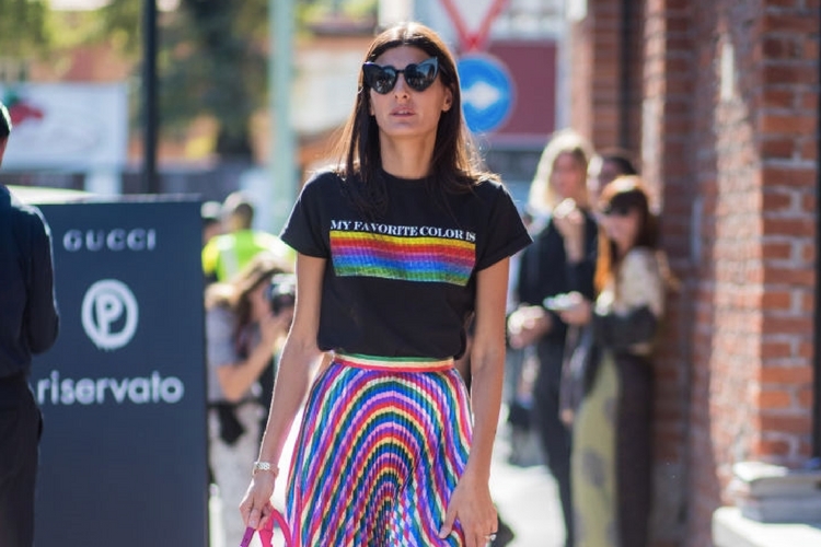 Giovanna Battaglia in rainbow coloured outfit