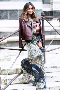Leather jacket and printed skirt outfit